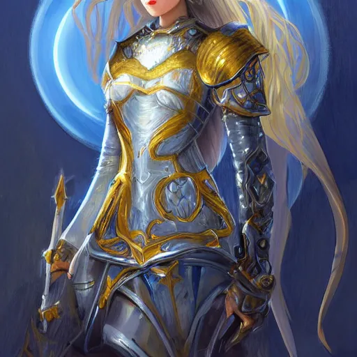 Prompt: portrait knights of Zodiac girl, main in white and second metalic blue color reflected armor, in ruined Agora of Athens luna night and firefly and star sparkles, ssci-fi, fantasy, intricate, very very beautiful, elegant, golden light, highly detailed, digital painting, artstation, concept art, smooth, sharp focus, illustration, art by tian zi and WLOP and alphonse mucha