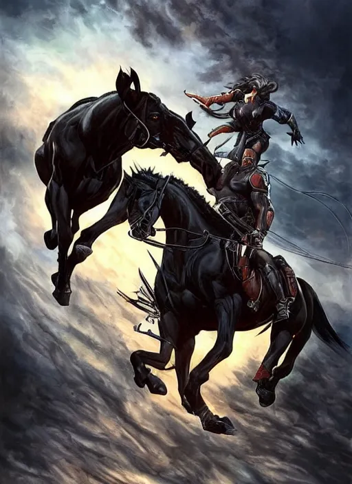 Image similar to ethan van sciver with a bald head and grey trimmed beard with a pointy nose as the first horseman of the apocalypse riding a strong big black stallion, horse is running, the rider is carrying the scales of justice, beautiful artwork by artgerm and rutkowski, breathtaking, beautifully lit, dramatic, full view