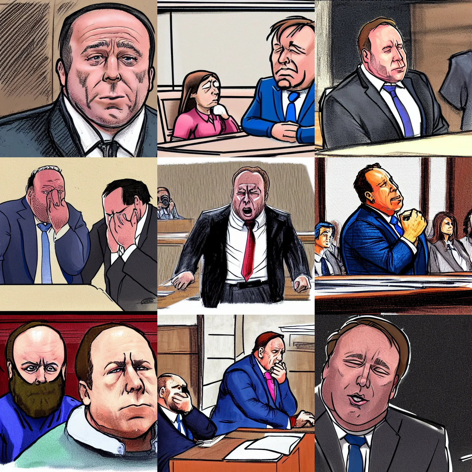 Prompt: Alex jones blubbering with tears in the dock in court. illustration concept art in the style of Arthur Adams