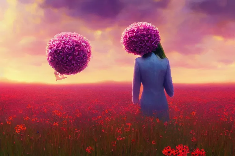 Image similar to closeup, giant flower head, girl in suit floating above field of flowers, surreal photography, sunrise, blue sky, dramatic light, impressionist painting, digital painting, artstation, simon stalenhag