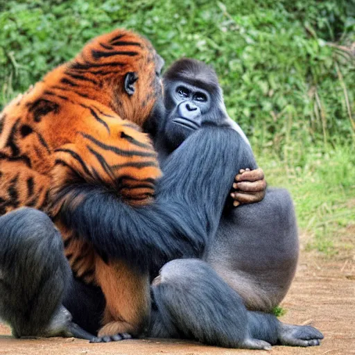 Image similar to a Gorilla hugging a Tiger