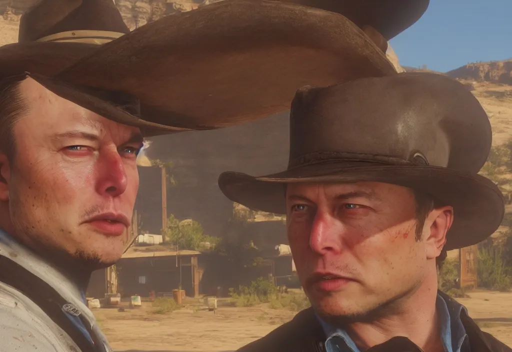 Image similar to elon musk in the red dead redemption 2, elon musk in the video game red dead redemption 2, gameplay screenshot, close up, 3 d rendering. unreal engine. amazing likeness. very detailed.