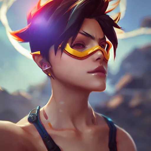 Prompt: overwatch tracer in a bikini, digital art, pretty face, very beautiful face, very detailed eyes, 8 k resolution, by wlop, greg rutkowski, full body