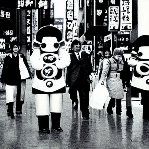 Image similar to 1 9 7 0 s japanese tv show, bw, mechanical creatures walking the streets of shinjuku,