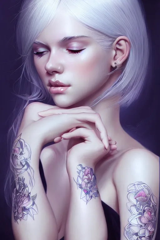 Prompt: teen girl, few speckle skin, tatoo, white hair, gorgeous, amazing, elegant, intricate, highly detailed, digital painting, artstation, concept art, sharp focus, illustration, art by Ross tran and kuvshinov