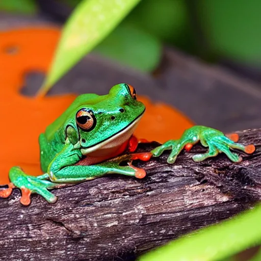 Prompt: photo < orange > and < teal > frog