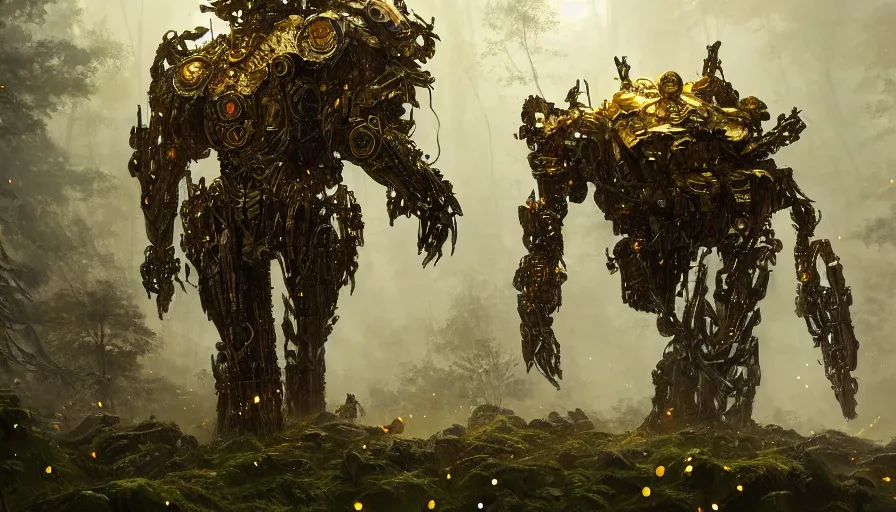 Image similar to large walking mech covered in gold and silver armor with elden ring aesthetic, covered in moss and birds, glowing lights, beautiful forests and trees, intricate detail, epic wallpaper, art by darek zabrocki and John Park and Feng Zhu and Jason Chan, trending on artstation, masterpiece.