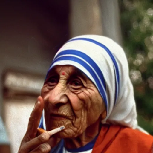 Prompt: mother teresa smoking a blunt, talking to gandhi in a coffee place, evening sunlight