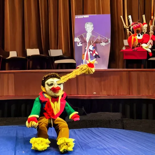 Prompt: puppet show of a puppeteer using a string marionette of a president with clown makeup in a podium