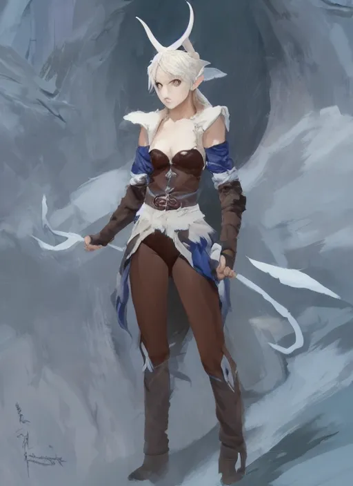 Image similar to concept art painting of a woman with brown skin and short white hair, demon horns, elf ears, full clothing, blue clothes, robes, detailed, cel shaded, in the style of ruan jia and artgerm and makoto shinkai and james gurney