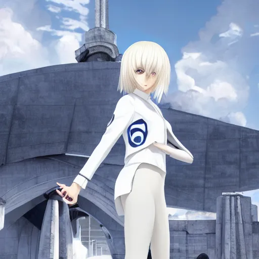 Image similar to aristocratic platinum - blonde - haired bob cut blue - eyed princess wearing white leggings and black jacket, standing next to communist monument, anime, hd anime wallpaper, hyperrealistic lighting, octane render, drawn by artgerm