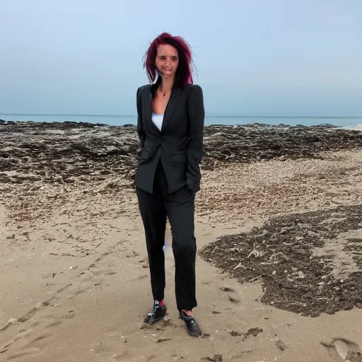 Image similar to Tomboy in a punk business suit at the beach