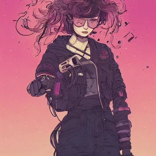 Prompt: wielding pose, portrait of a grungy cyberpunk anime, very cute, by super ss, cyberpunk fashion, curly pink hair, night sky by wlop, james jean, victo ngai, muted colors, highly detailed