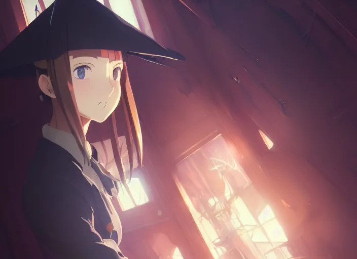 Image similar to portrait of girl maria, helm of second world war warship in background, illustration concept art anime key visual trending pixiv fanbox by wlop and greg rutkowski and makoto shinkai and studio ghibli and kyoto animation, symmetrical facial features, astral witch clothes, dieselpunk, golden details, gapmoe yandere grimdark, volumetric lighting, backlit