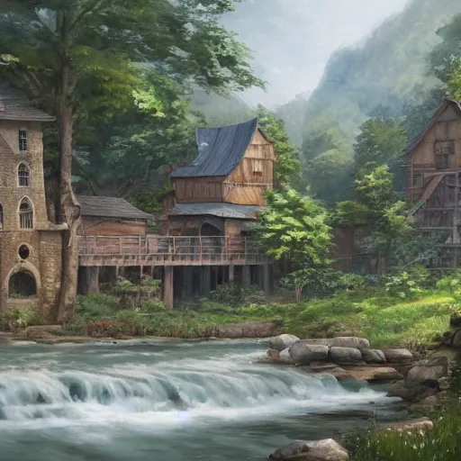 Image similar to concept art painting of a historic mill with european and japanese architecture, by a river, in a woodland village surrounded by trees and mountains, realistic, detailed, cel shaded, in the style of makoto shinkai and greg rutkowski and james gurney