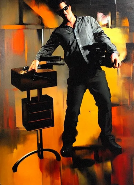 Image similar to zak bagans holding scientific equipment, enraged, painting by phil hale, 'action lines'!!!, graphic style, visible brushstrokes, motion blur, blurry