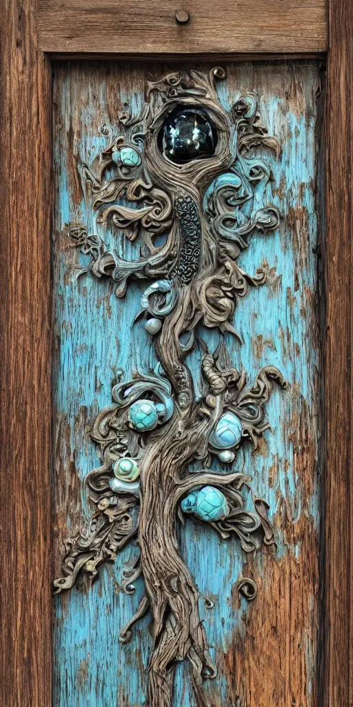 Image similar to https://s.mj.run/lcNw6KWjbsI Full old weathered wooden Door with a high relief carving of Fractal Marble and Opal Geode and Obisidian+Flowerpunk, cyberpunk, Dragonhead, twisted oak tree, jewels + Dark-blue light-blue black gold light-brown opal white + Ultra realistic, intricate detail, contrast, wet, kintsugi, rococo, baroque, 24mm lens + by Alphonse Mucha, Roger Deakins, Moebius, Mohrbacher