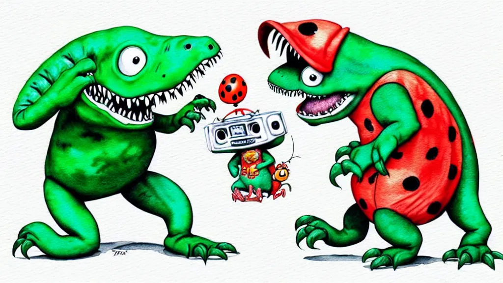 Image similar to cute and funny, t - rex wearing a t - shirt dancing with a ladybug of the same size, ratfink style by ed roth, centered award winning watercolor pen illustration, isometric illustration by chihiro iwasaki, edited by range murata, tiny details by artgerm and watercolor girl, symmetrically isometrically centered