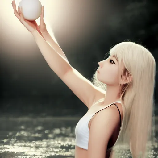 Image similar to Hyper realistic render of Beautiful anime blonde girl in white minimalistic clothes juggles three spheres made of water, white minimalistic background, professional photo, everything is in balance, award winning, Artstation, intricate details, realistic, Hyperdetailed, 8k resolution