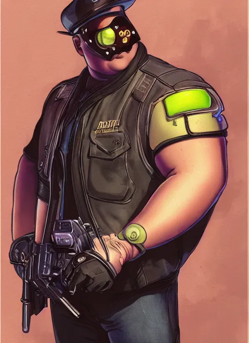 Image similar to cyberpunk paul blart mall cop. portrait by mœbius and will eisner and gil elvgren and pixar. realistic proportions. cyberpunk 2 0 7 7, apex, blade runner 2 0 4 9 concept art. cel shading. attractive face. thick lines.