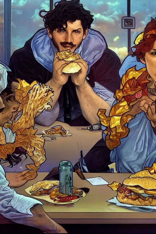 Image similar to a group of software engineers eat chicken sandwiches at their desks, by artgerm and moebius and alphonse mucha, hyperdetailed, dc comics, explosions in the sky, trending on deviantart
