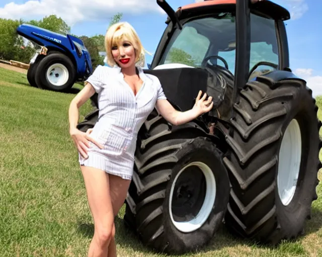 Image similar to Piper Perri wearing a conservative outfit working on a tractor in the summer heat