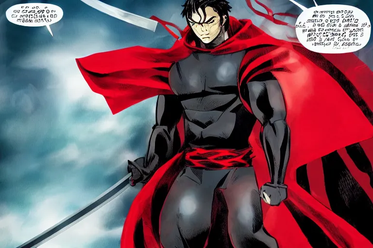 Image similar to a twin blade muscular swordsman, red and black cape and hoodie, scary, intimidating, worn out clothes, torn clothes, as a panel of a Marvel comic