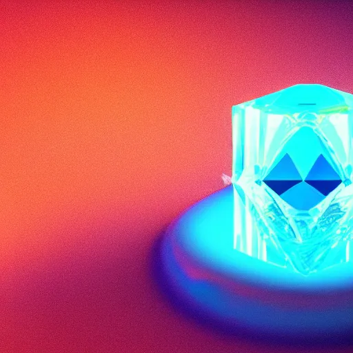 Prompt: grainy realistic photograph of a holographic diamond in frozen glass, rendered in octane with cyberpunk colors