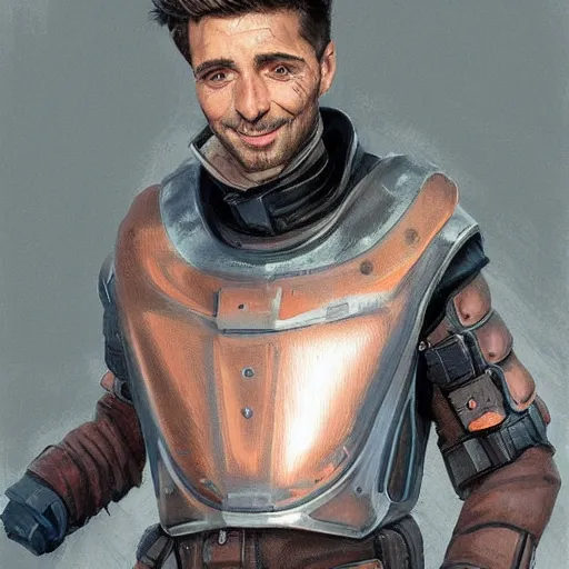 Image similar to portrait of a man by greg rutkowski, he is about 3 0 years old, mixture between german and turkish, copper quiff hair, uncanny smile, very tall and slender, he is wearing a futuristic police gear, highly detailed portrait, digital painting, artstation, concept art, smooth, sharp foccus ilustration, artstation hq