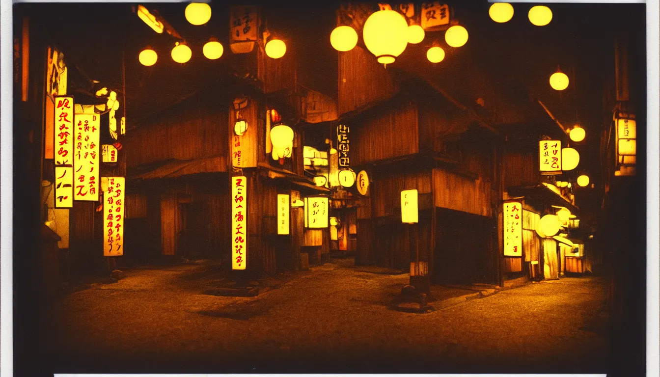 Image similar to colorful instant photograph of old japanese street at night, polaroid, light leak, raw, nostalgic