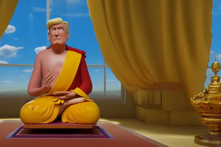 Image similar to still from a Pixar movie of Donald Trump Meditating in a Buddhist Temple, high quality 3d render, movie, Pixar, Renderman, 4k, artstation