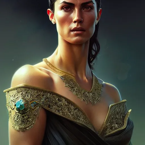 Prompt: cristiano ronaldo as a female, d & d style, fantasy, intricate, elegant, highly detailed, digital painting, artstation, concept art, matte, sharp focus, illustration, art by artgerm and greg rutkowski and alphonse mucha