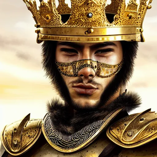 Image similar to Hyper-realistic portrait of the King of the Desert, Warrior at war, battle field, Gold Armour and Crown, Sword, handsome attractive face, attractive young man, beautiful face, photo realistic, dramatic lighting, majestic, trending on artstation, elegant, intricate, highly detailed, digital painting, concept art, sharp focus, illustration, art by artgerm and greg rutkowski and alphonse mucha