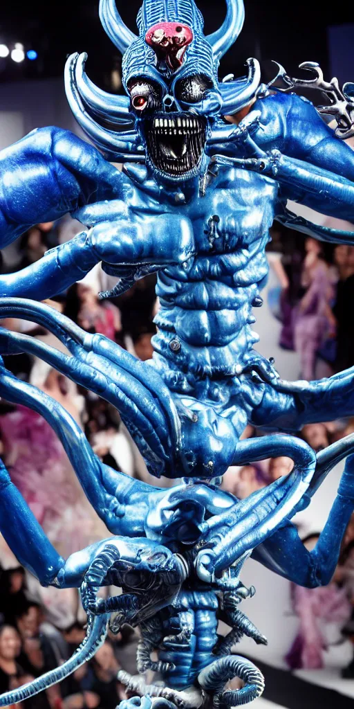 Image similar to blue demon with xenomorph intricated jewelry figure plastic jumping in a runway fashion show, realistic photography paparazzi by Nick Knight