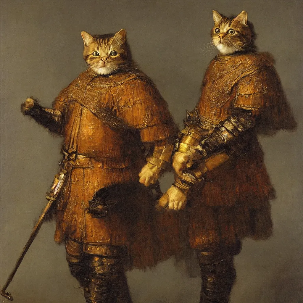 Prompt: a cat dressed as a knight, oil painting, by rembrandt,