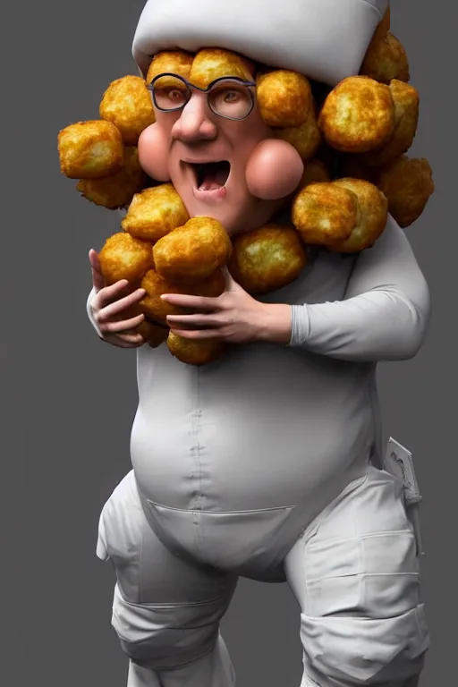 Image similar to channing tatum in a tater tot costume, tater tot face, ef 8 5 mm f 1. 8 usm, bionic scifi alexandre ferra, hyper detailed, digital art, trending in artstation, cinematic lighting, studio quality, smooth render, unreal engine 5 rendered, octane rendered