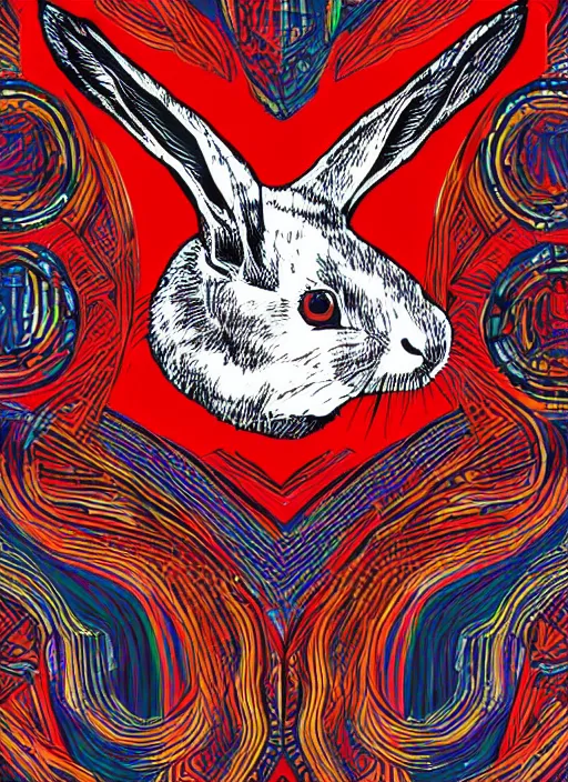 Prompt: a poker card with a red rabbit logo design, colourful generative art background, vintage style, art piece, portrait, super detailed, ultra realistic