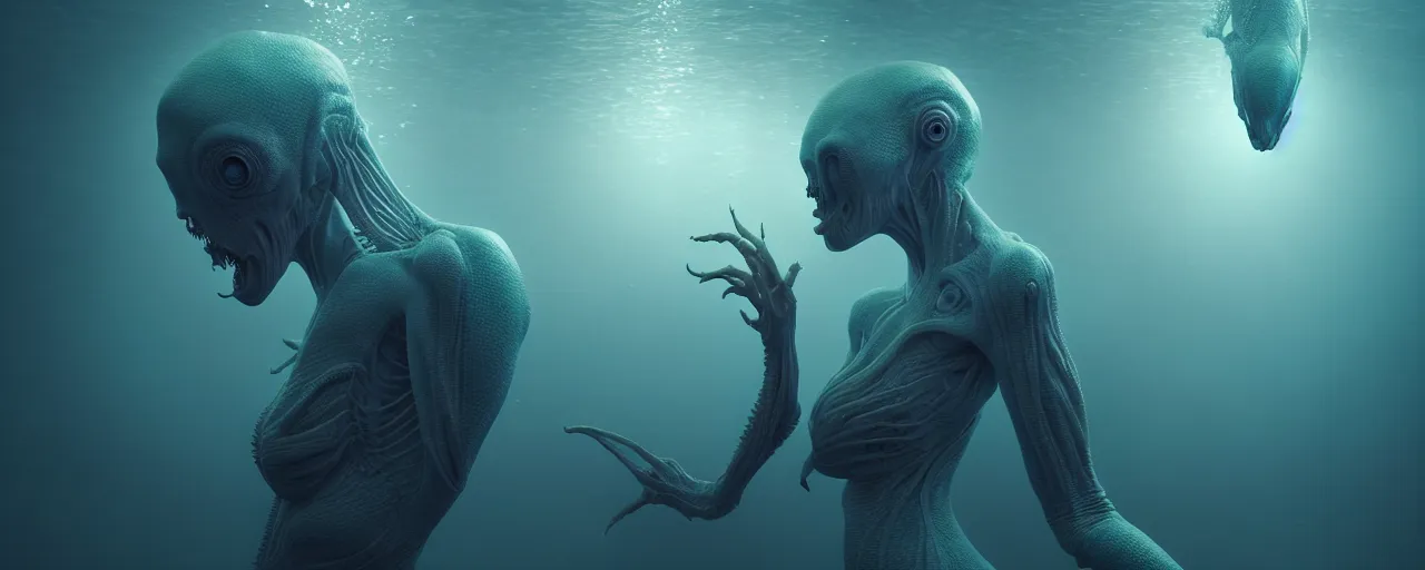 Prompt: ultra realistic horror photo of a dimly lit female alien creature underwater, very intricate details, focus, full frame image, curvy, model pose, artwork by tooth wu and wlop and beeple and greg rutkowski, award winning