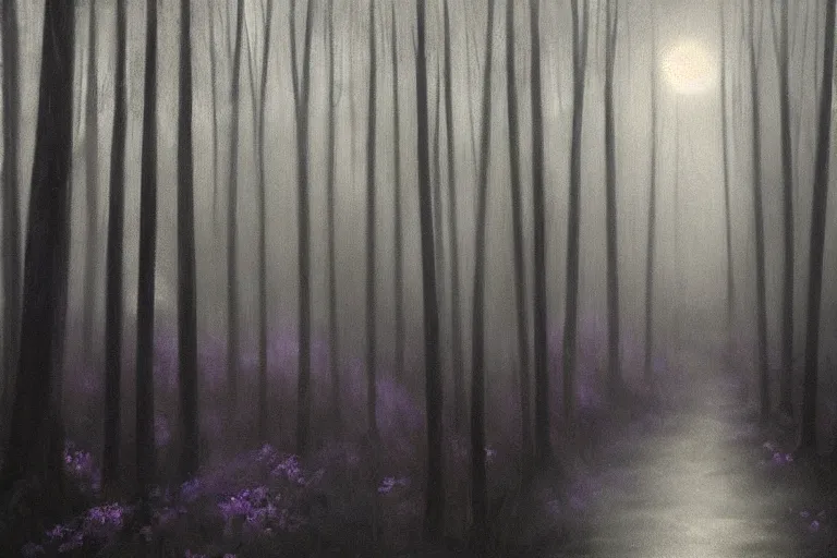 Image similar to dark and spooky painting of a forest dimly lit at night with tiny purple morning glory flowers trailing at the base of trees. foggy cinematic volumetric darkness, muted colour palette, detailed oil painting on canvas by robert hughes