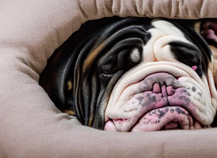 Image similar to a closeup, 4 5 mm, portrait of a sleeping english bulldog in a bed, on a pillow, candle light, 4 5 mm, by franz lanting