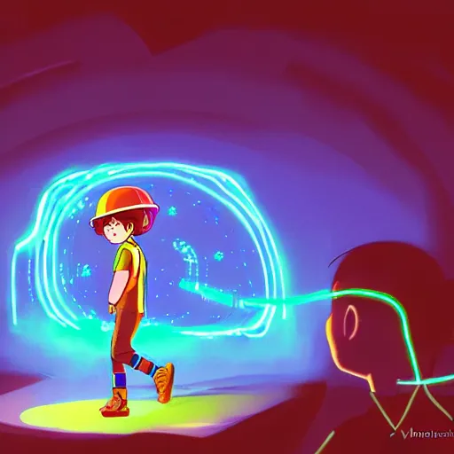 Image similar to a magic gaming machine connected to a boy with a helmet and electric cable with colorfull rays of light illuminate the environment by vanessa morales, studio ghibli,