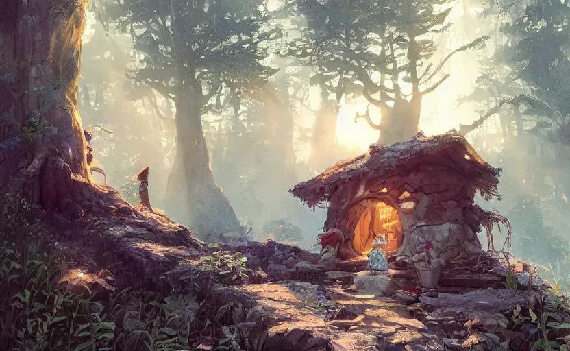 Prompt: a bounty hunter and her cat companion their woodland home in a fantasy studio ghibli animated film, d & d, fantasy concept art, global illumination, beautiful composition, volumetric lighting, octane render by studio ghibli and christopher balaskas, highly detailed