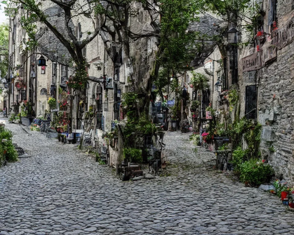 Image similar to cobblestone streets filled with fae, cobblestone, faerie, fanciful