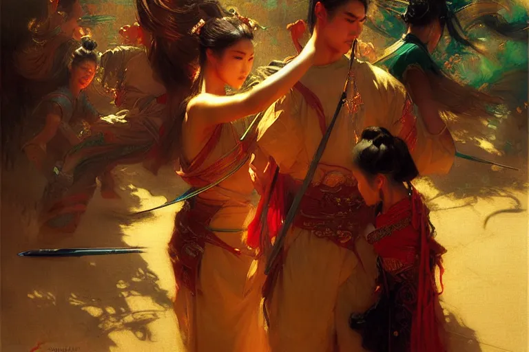 Image similar to wuxia, summer, neon light, painting by gaston bussiere, craig mullins, j. c. leyendecker