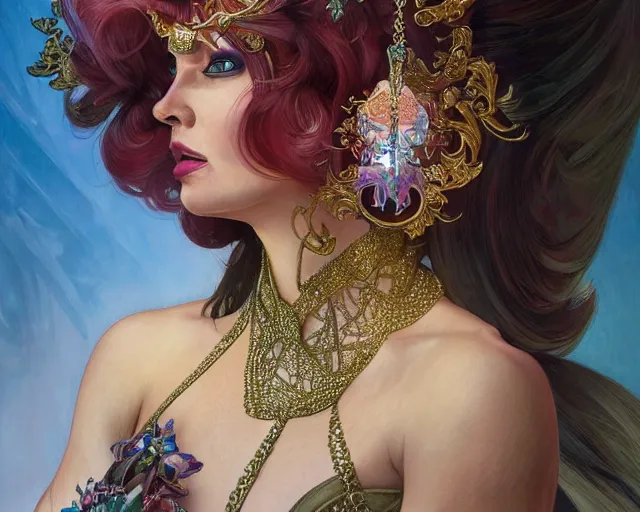 Image similar to portrait of Vladimir Putin as a drag queen, looking beautiful, fantasy, intricate, elegant, highly detailed, digital painting, artstation, concept art, smooth, sharp focus, illustration, art by artgerm and greg rutkowski and alphonse mucha