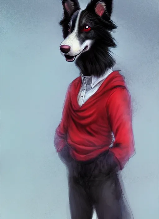 Image similar to full body digital painting of a cute male anthropomorphic border collie fursona wearing a red collar and standing outside, furaffinity, intricate, elegant, beautiful, realistic proportions, highly detailed, trending on artstation, art by charlie bowater and henry asencio and and ross tran