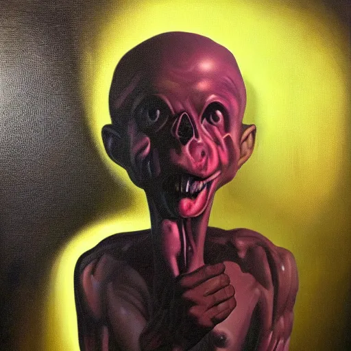 Image similar to oil painting black background extreme chiaroscuro by christian rex van minnen of a portrait of an extremely bizarre disturbing mutated man with proteus syndrome shiny bulbous tumor intense chiaroscuro lighting perfect composition