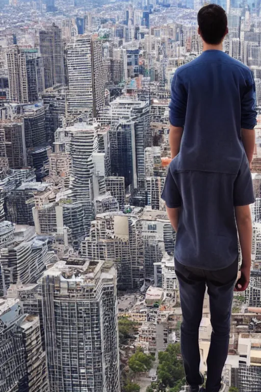 Image similar to close - up of a man standing in front of a giant city of the future