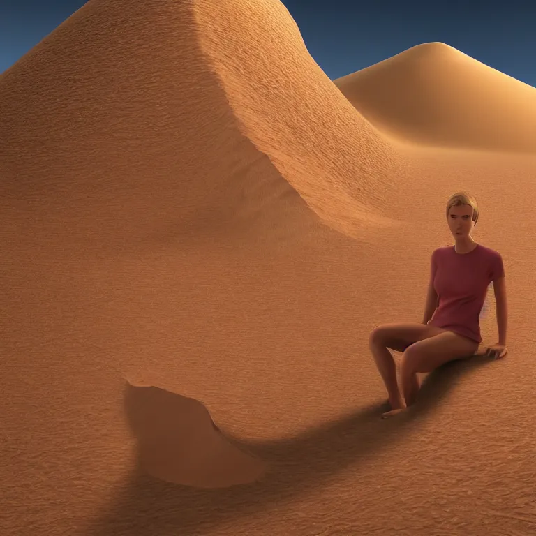 Image similar to octane render portrait by wayne barlow and carlo crivelli and glenn fabry, a beautiful symmetrical human face face inside of a gigantic huge colorful sand dune, inside a giant beautiful dessert at goldenhour, light beams, cinema 4 d, ray traced lighting, very short depth of field, bokeh