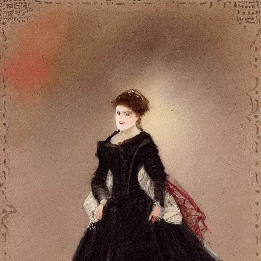 Image similar to young victorian lady in ball gown, a little card and pencil in hand, painted by alfred stevens